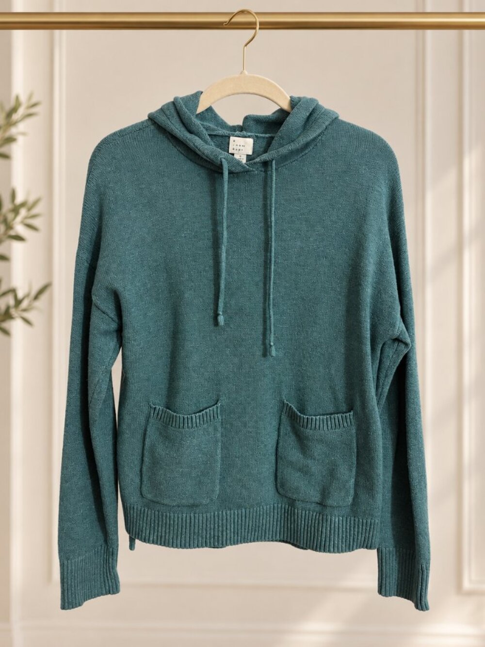A New Day Teal Green Knit Hoodie Sweater Size Small Patch Pockets Drawstring